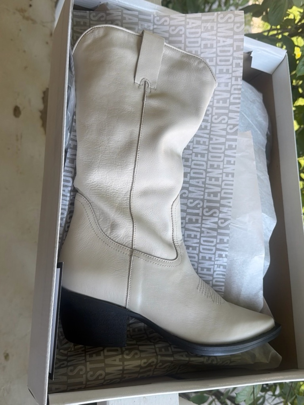 Steve Madden Cream White Mid-Calf Leather Western Heeled Boot